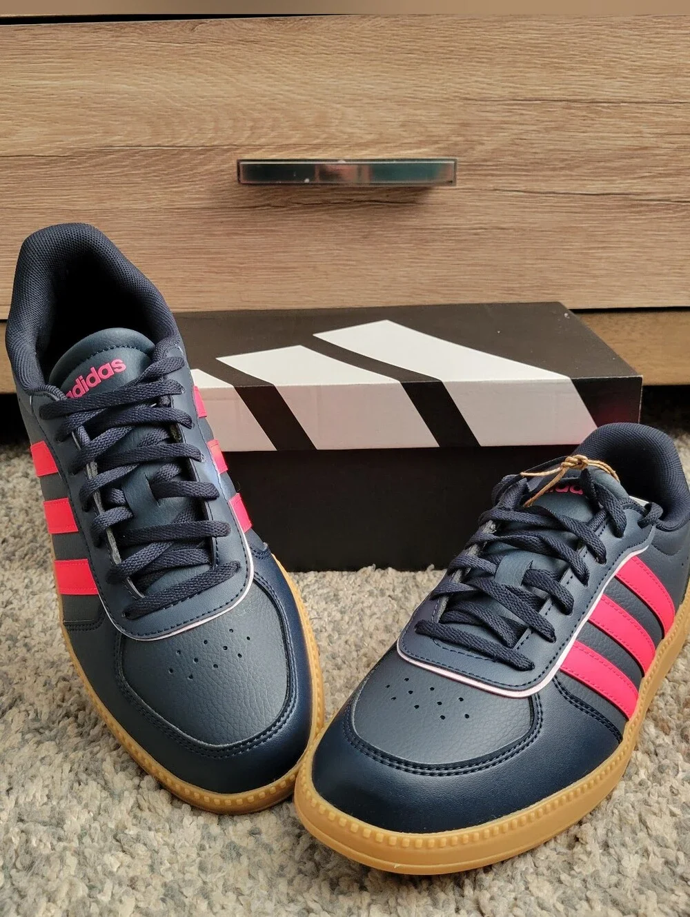 Adidas Navy Blue Sneakers with Pink Stripes and Gum Sole Size:7